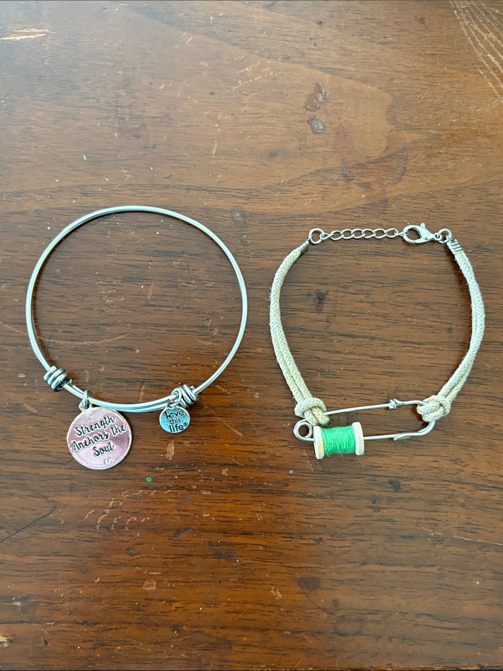 Silver Tone Inspirational Charm Bangle & Green Thread Safety Pin Bracelet Set